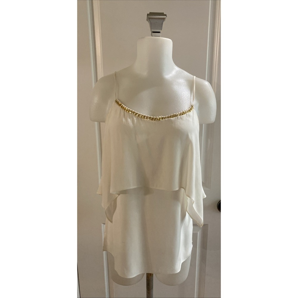 Hale Bob Ivory Silk Tank Top Ruffle Tiered Chain Accent Size Medium Y2k Cami